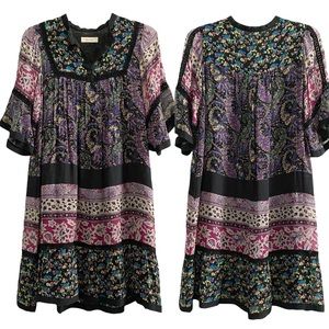 Dun ‘a dix (Japan) 100% silk boho floral peasant dress, purple black